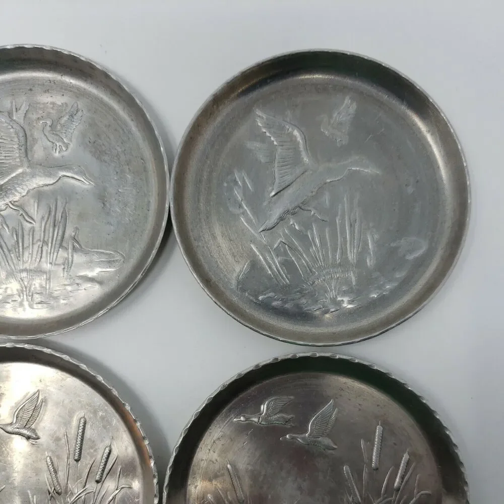 Ducks Geese Coasters Aluminum Vintage MCM 1950's Cattails Collectible